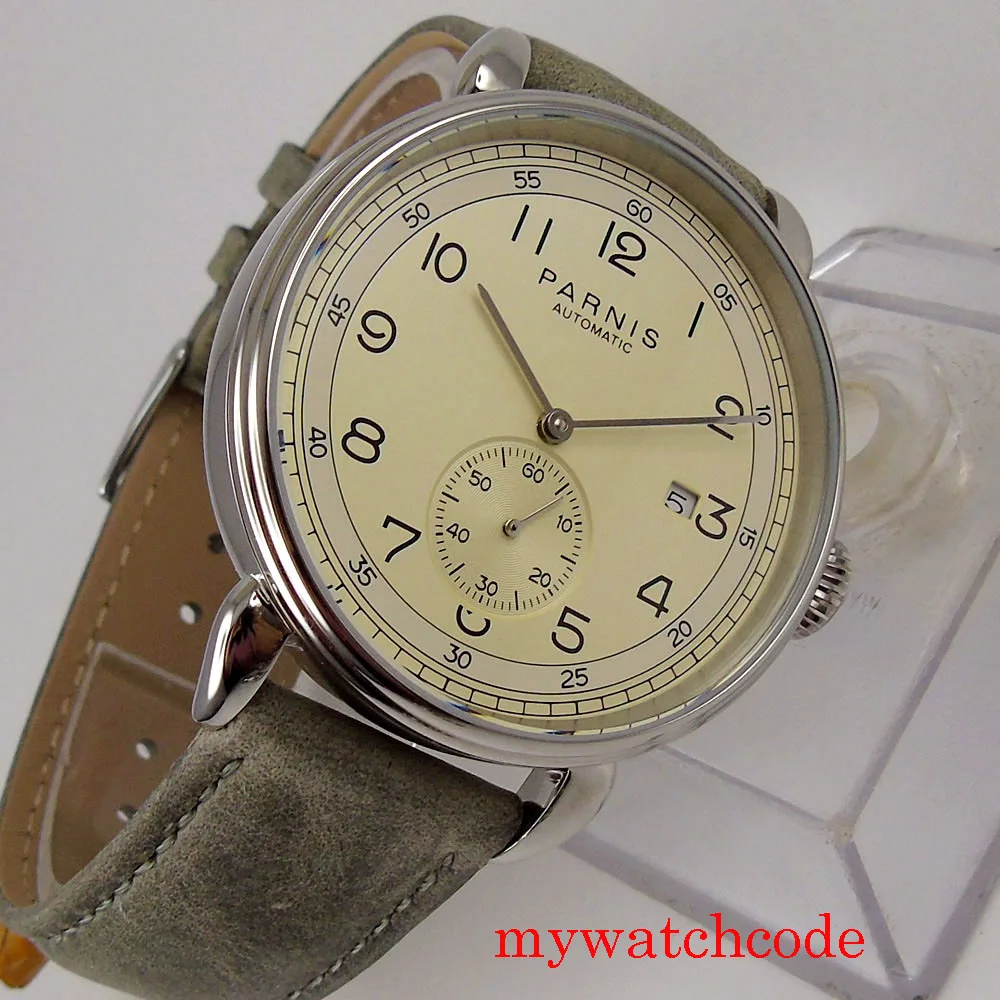 42mm PARNIS Automatic Wristwatch Leather Strap Polished Case Glass Back ST Movement Off-White Dial
42mm PARNIS Automatic Wristwatch Leather Strap Polished Case Glass Back ST Movement Off-White Dial