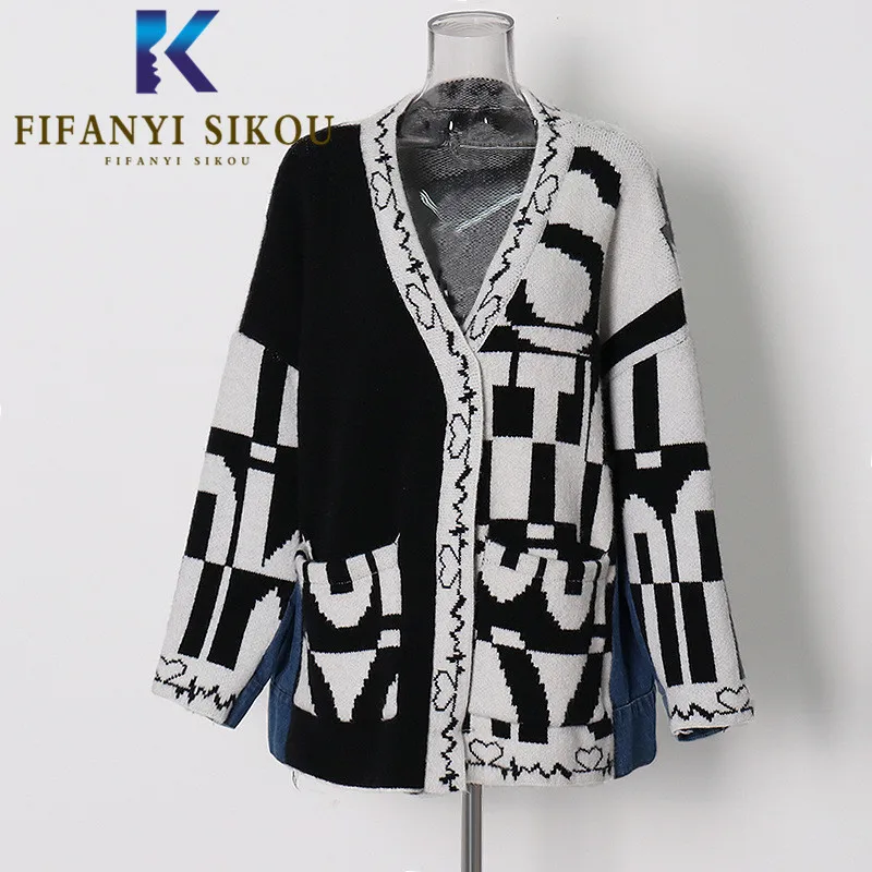 Denim Spliced Fashion Knitted Sweater Jacket Women Autumn Winter Cardigan Letter Knit Coat Pocket V-Neck Loose Sweaters Female
Denim Spliced Fashion Knitted Sweater Jacket Women Autumn Winter Cardigan Letter Knit Coat Pocket V-Neck Loose Sweaters Female