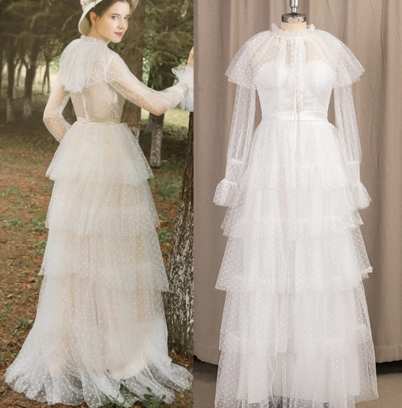 #1200 Empire Elegant Vintage Tiered Victoria High Neck Long SleeveLace Floor Length A-Line Wedding Dress Bridal Gowns
#1200 Empire Elegant Vintage Tiered Victoria High Neck Long SleeveLace Floor Length A-Line Wedding Dress Bridal Gowns
