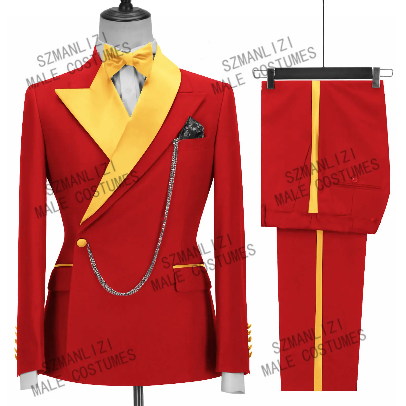 2022 Custom Made Groomsmen Red Gold Lapel Groom Tuxedos Double Breasted Men Party Suits For Wedding Best Man Blazer+Pants+Chain
2022 Custom Made Groomsmen Red Gold Lapel Groom Tuxedos Double Breasted Men Party Suits For Wedding Best Man Blazer+Pants+Chain