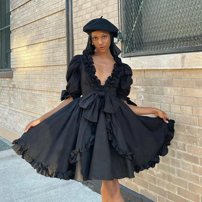 High Street Black Satin Mini Summer Dress Sexy Deep V-neck Half Sleeves Ruffles Bow Girls Brithday Party Gowns Custom Made
High Street Black Satin Mini Summer Dress Sexy Deep V-neck Half Sleeves Ruffles Bow Girls Brithday Party Gowns Custom Made