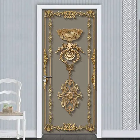 Self Adhesive Door Sticker Wallpaper 3D European Style Golden Flower Pattern Living Room Bedroom Door Mural Poster Wall Decals