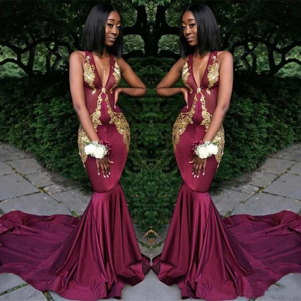 Mermaid V-Neck Dark red Evening Dresses Prom Party Gown Trumpet Formal Gown Sleeveless Elastic Satin Gold Applique Sequins
Mermaid V-Neck Dark red Evening Dresses Prom Party Gown Trumpet Formal Gown Sleeveless Elastic Satin Gold Applique Sequins