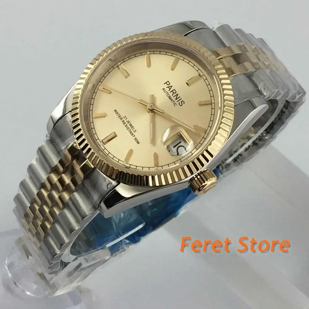 Parnis 36mm unisex date window golden dial sapphire glass Mingzhu Automatic movement Men's watches women wristwatch
Parnis 36mm unisex date window golden dial sapphire glass Mingzhu Automatic movement Men's watches women wristwatch