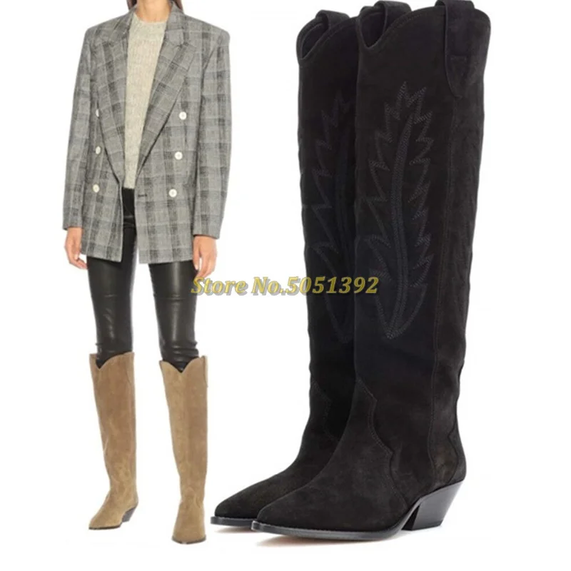 Medium Heel Cow Suede Knee High Boots Sexy Pointed Toe Slip On Embroidered Luxury Designer Casual Dress Women Winter Boots
Medium Heel Cow Suede Knee High Boots Sexy Pointed Toe Slip On Embroidered Luxury Designer Casual Dress Women Winter Boots
