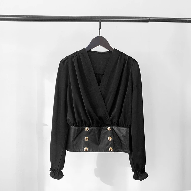 France Style Women's V-neck blouses top 2021 Spring High quality Sheepskin real leather patchwork chiffon Shirts A880
France Style Women's V-neck blouses top 2021 Spring High quality Sheepskin real leather patchwork chiffon Shirts A880