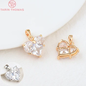골드 컬러 황동 지르콘 하트 참 펜던트, 14x14.5mm, 구멍 2.5mm 24K, 고품질 주얼리 액세서리, 280 개 4 개