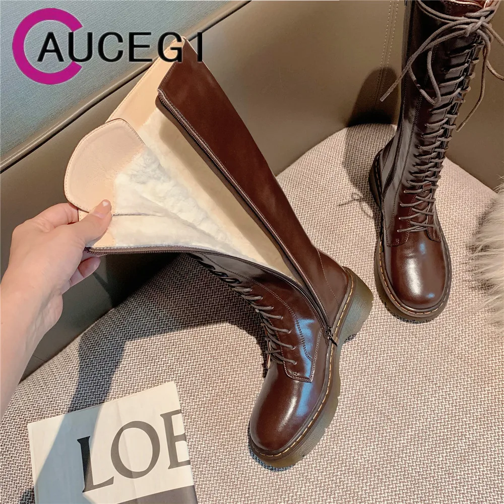 Aucegi Fashion Women Cow Leather Knee High Snow Boots Solid Color Zippers Plush Wool Plus Size 34-42 Thick Heels Handmade
Aucegi Fashion Women Cow Leather Knee High Snow Boots Solid Color Zippers Plush Wool Plus Size 34-42 Thick Heels Handmade