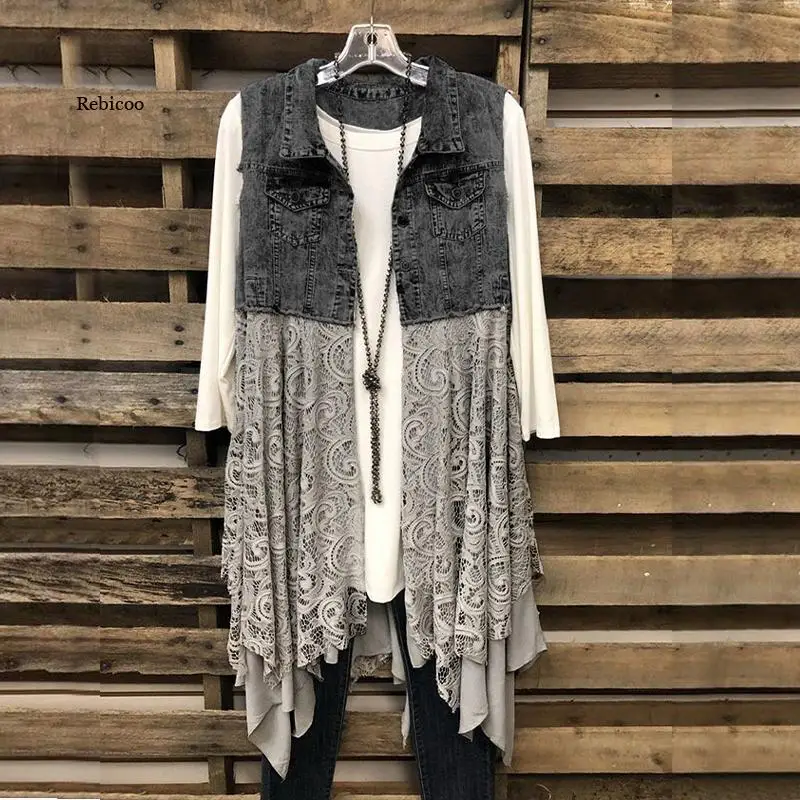 Women Autumn Denim Vest Lace Patchwork Long Sleeveless Casual Cardigan Jacket Fashion Daily Streetwear Outwear Tops
Women Autumn Denim Vest Lace Patchwork Long Sleeveless Casual Cardigan Jacket Fashion Daily Streetwear Outwear Tops