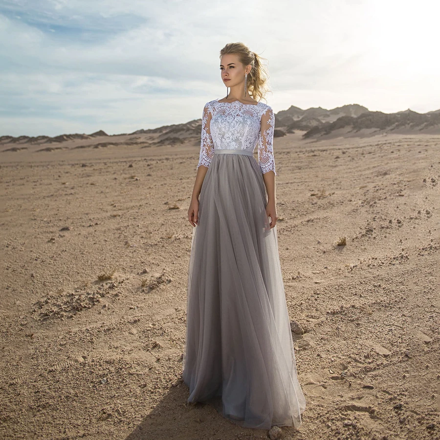 A-line White and Grey Half Sleeves Backless Bridesmaid Dress Lace and Tulle Sexy Party Dress Formal Gown vestido elegante
A-line White and Grey Half Sleeves Backless Bridesmaid Dress Lace and Tulle Sexy Party Dress Formal Gown vestido elegante