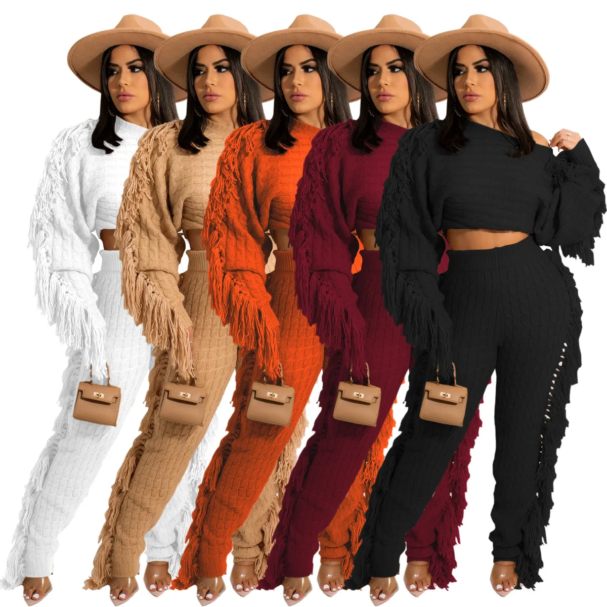 Tassel Sweater Two Piece Set 2021 Autumn Winter Women Solid Long Sleeve Crop Top And Pants Rib Knitted Suits Tracksuit
Tassel Sweater Two Piece Set 2021 Autumn Winter Women Solid Long Sleeve Crop Top And Pants Rib Knitted Suits Tracksuit