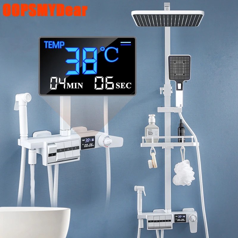 White Digital Shower System Intelligent Bathroom Faucet Thermostatic Shower Set Luxury SPA Rainfall Tap Brass Hot Cold Mixer Kit
White Digital Shower System Intelligent Bathroom Faucet Thermostatic Shower Set Luxury SPA Rainfall Tap Brass Hot Cold Mixer Kit