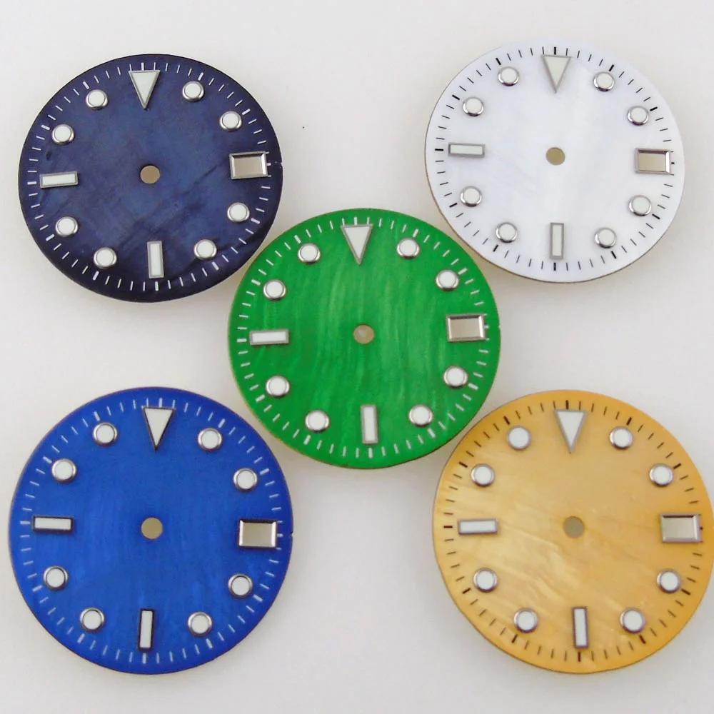 28.5mm Mother of Pearl Shell NH35A Watch Dial for NH35 Automatic Men Watch Date Window Green Lume Gold/Blue/Green/White
28.5mm Mother of Pearl Shell NH35A Watch Dial for NH35 Automatic Men Watch Date Window Green Lume Gold/Blue/Green/White