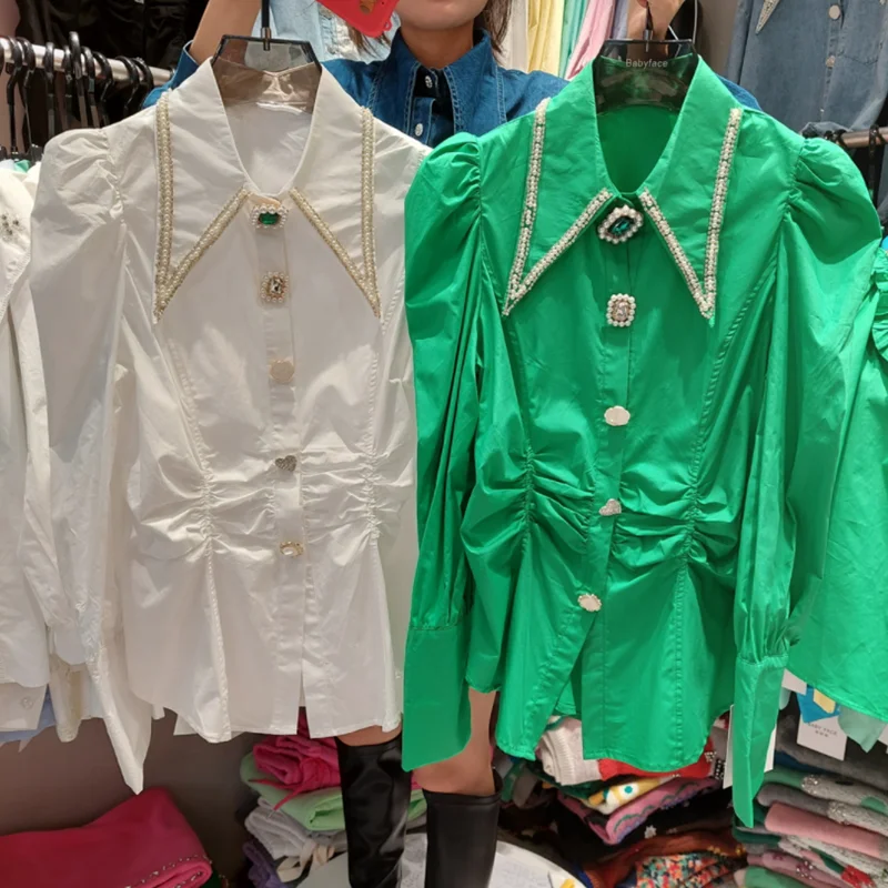 Luxury Industry Diamond-studded Collar Jewel Button Green Shirt Layered Solid Color Shirt Spring
Luxury Industry Diamond-studded Collar Jewel Button Green Shirt Layered Solid Color Shirt Spring