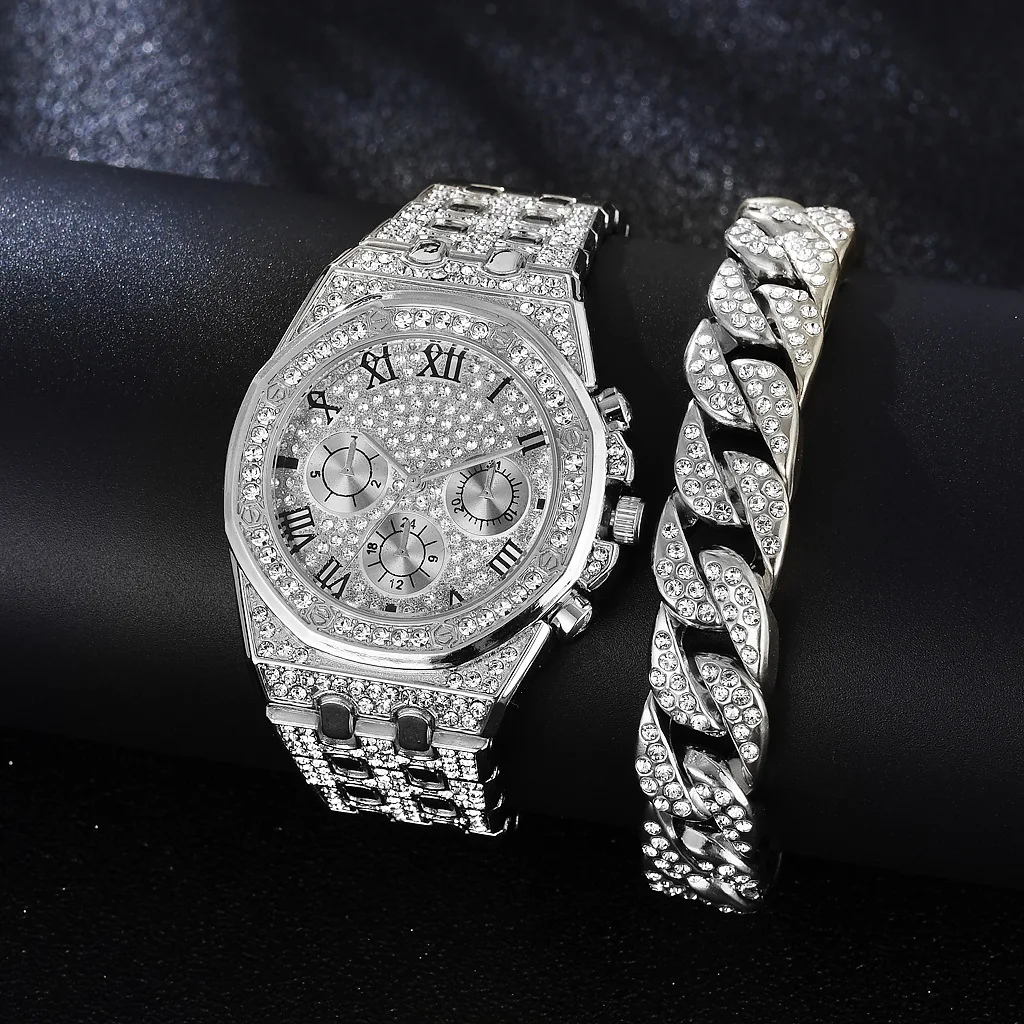 Cool Iced Out Watch + Bracelet for Men Women Couple Luxury Wristwatch Gold Diamond Clocks with Cuban Chain Jewelry Dropshipping
Cool Iced Out Watch + Bracelet for Men Women Couple Luxury Wristwatch Gold Diamond Clocks with Cuban Chain Jewelry Dropshipping
