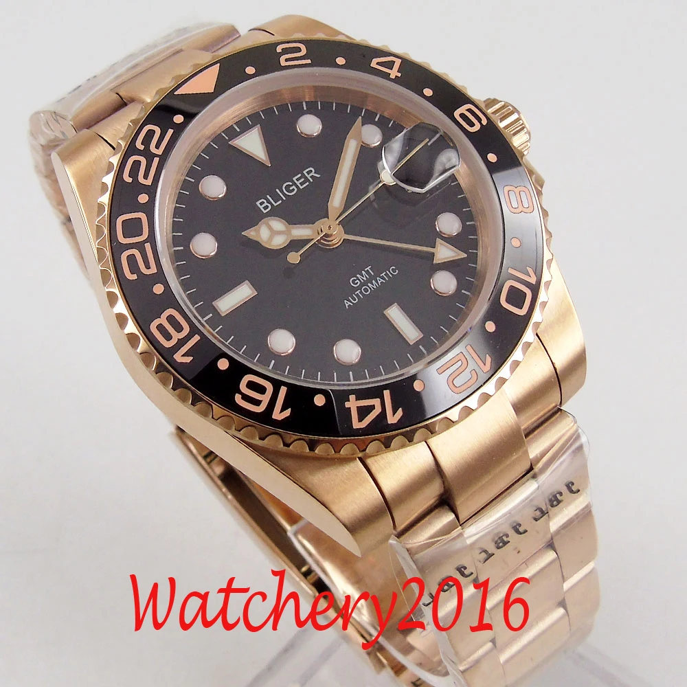 40mm BLIGER Luxury Black Dial GMT Stainless Steel Rose Gold Sapphire Glass Ceramic Bezel Mechanical Automatic Mens Watch
40mm BLIGER Luxury Black Dial GMT Stainless Steel Rose Gold Sapphire Glass Ceramic Bezel Mechanical Automatic Mens Watch