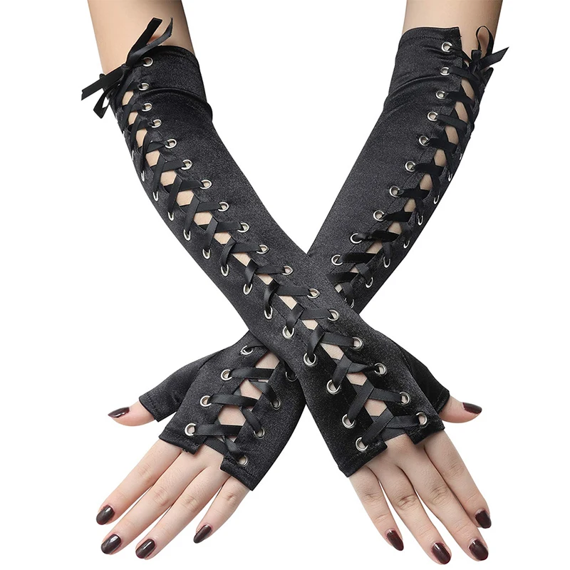 Sexy Black Long Elastic Satin Half Finger Wedding Dress Gloves Punk Hiphop Ribbon Fingerless Rivet Halloween Women Gloves R42
Sexy Black Long Elastic Satin Half Finger Wedding Dress Gloves Punk Hiphop Ribbon Fingerless Rivet Halloween Women Gloves R42