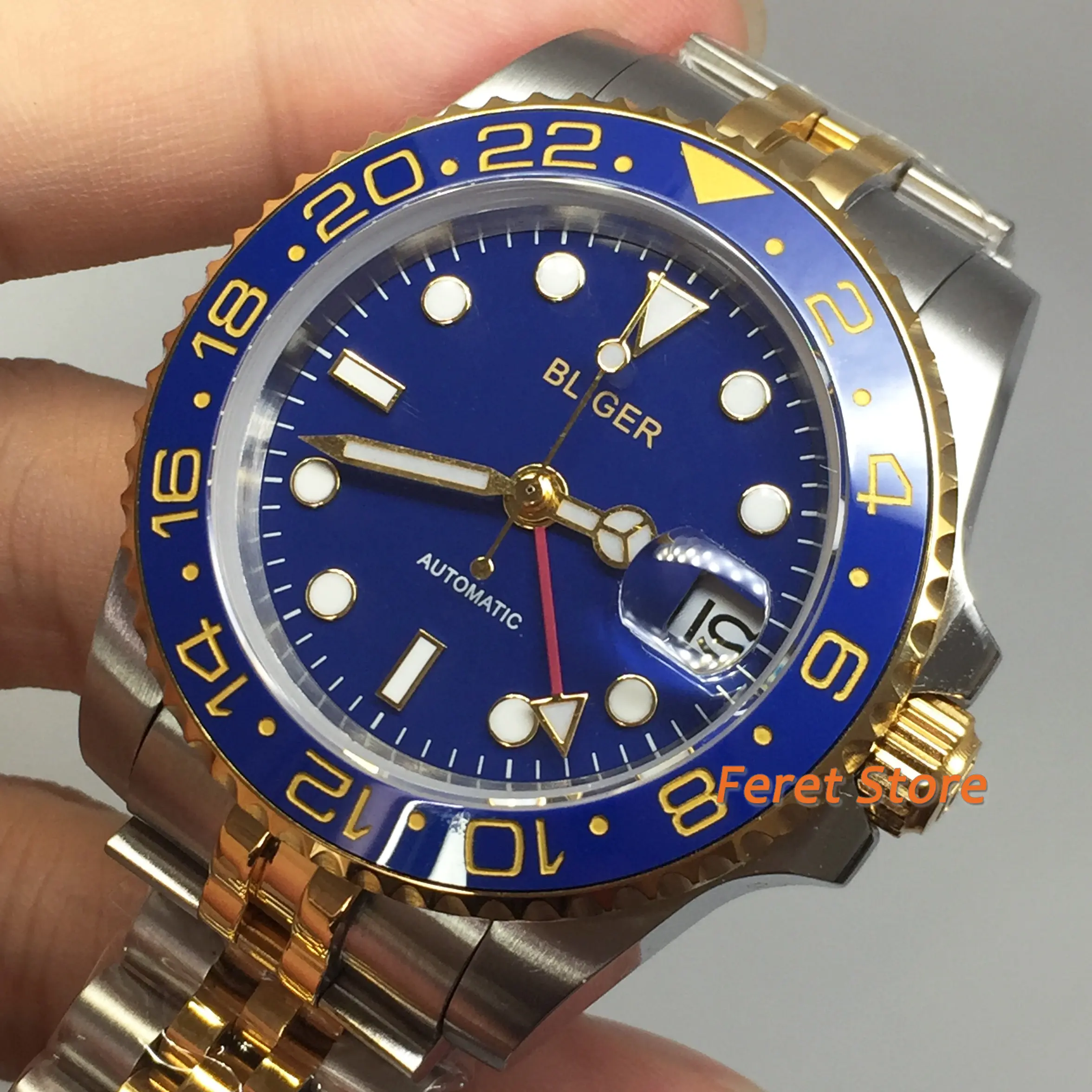 BLIGER 40mm stainless gold case Automatic GMT Watch Hand Jubilee blue Ceramic Bezel Sapphire Glass Top luxury men's Watch
BLIGER 40mm stainless gold case Automatic GMT Watch Hand Jubilee blue Ceramic Bezel Sapphire Glass Top luxury men's Watch