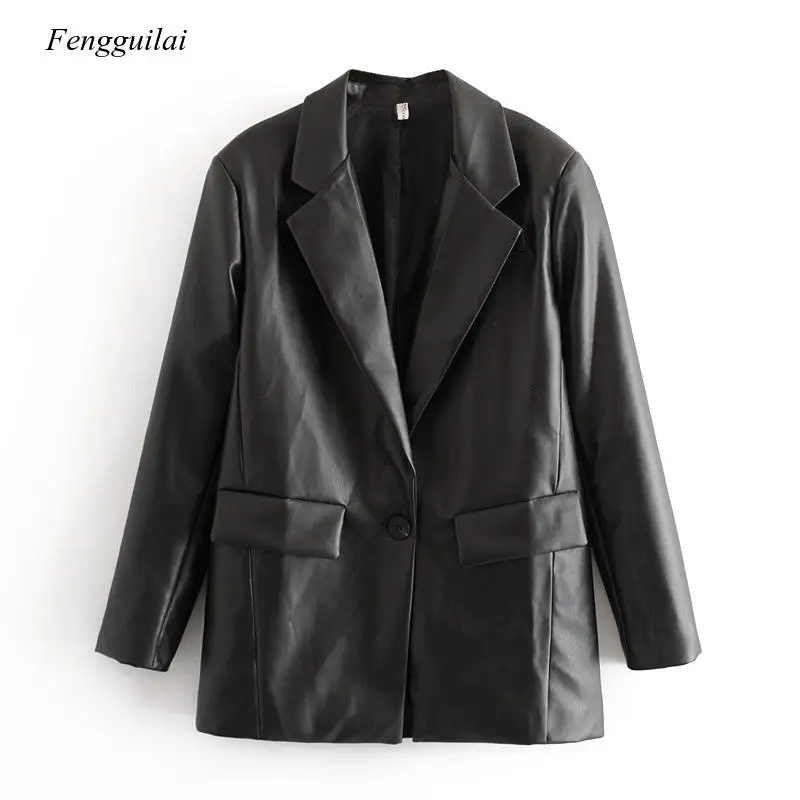 Women 2021 Fashion Pu Faux Leather Loose Blazer Coat Vintage Pockets Long Sleeve Back Vents Female Outerwear Chic Tops
Women 2021 Fashion Pu Faux Leather Loose Blazer Coat Vintage Pockets Long Sleeve Back Vents Female Outerwear Chic Tops