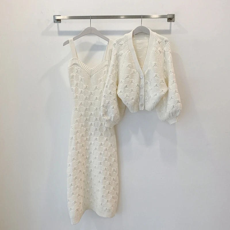 Korean Chic Texture Jacquard Knitted 2 Piece Set Women Single-breasted Lantern Sleeve Short Sweater Coat + Spaghetti Strap Dress
Korean Chic Texture Jacquard Knitted 2 Piece Set Women Single-breasted Lantern Sleeve Short Sweater Coat + Spaghetti Strap Dress