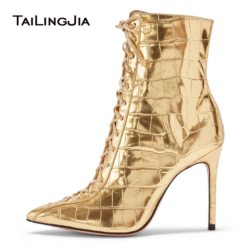 Gold Crocodile Pattern High Heel Ankle Boots Womens Pointed Toe Heeled Black Booties Ladies Stiletto Heel Lace Up Short Boots
Gold Crocodile Pattern High Heel Ankle Boots Womens Pointed Toe Heeled Black Booties Ladies Stiletto Heel Lace Up Short Boots