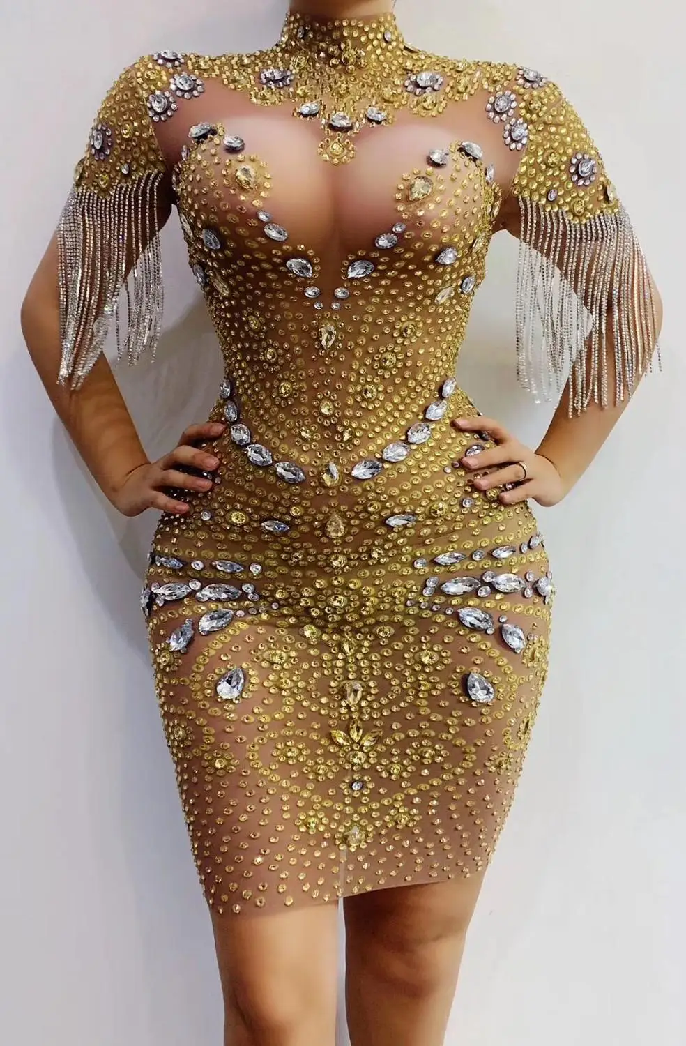 New Style Gold Rhinestones Fringe Transparent Dress Bar Birthday Celebrate Mesh Perspective Outfit Women Dancer Wear Prom Dress
New Style Gold Rhinestones Fringe Transparent Dress Bar Birthday Celebrate Mesh Perspective Outfit Women Dancer Wear Prom Dress