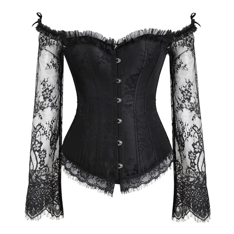 New Personalized Black And White Long Lace Sleeves Court Metal Buckle Sexy Corset Women's Cool Fashion One Line Lollar Top Shirt 
New Personalized Black And White Long Lace Sleeves Court Metal Buckle Sexy Corset Women's Cool Fashion One Line Lollar Top Shirt