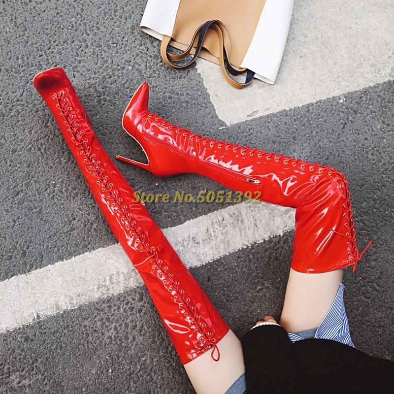 Lace Up Over The Knee Boots Stiletto High Heel Sexy Pointed Toe Patent Leather Red Black White Dress Women Shoes
Lace Up Over The Knee Boots Stiletto High Heel Sexy Pointed Toe Patent Leather Red Black White Dress Women Shoes