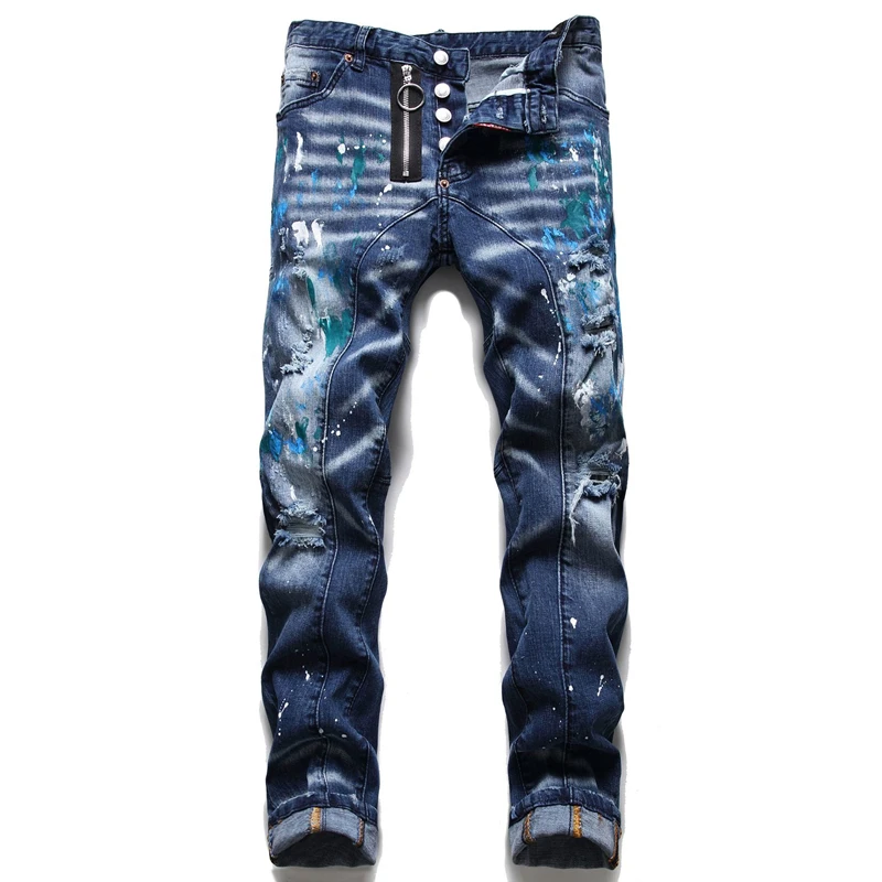 Spring Brand Mens Ripped Jeans Casual Fashion Streetwear Colorful Embroidery Trousers Blue Slim Fit Paint Denim Pants New Trend
Spring Brand Mens Ripped Jeans Casual Fashion Streetwear Colorful Embroidery Trousers Blue Slim Fit Paint Denim Pants New Trend