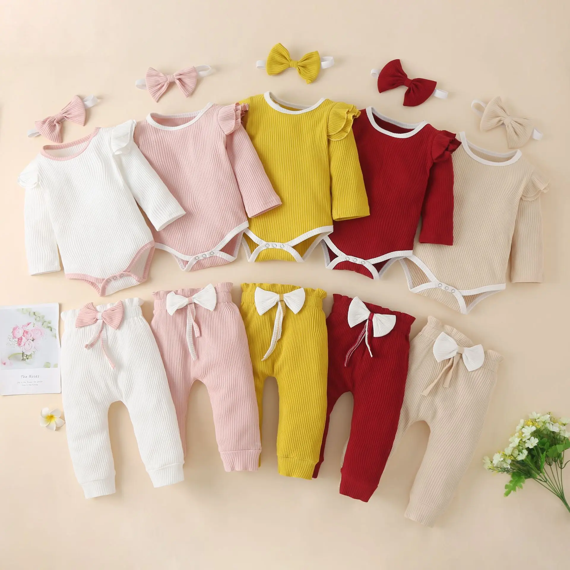 Newborn Baby Girl Clothes Set Solid Knitted Fly Sleeve Bodysuits Bow Bud Pants Headband 3Pcs Cute Outfits Casual Infant Clothing
Newborn Baby Girl Clothes Set Solid Knitted Fly Sleeve Bodysuits Bow Bud Pants Headband 3Pcs Cute Outfits Casual Infant Clothing