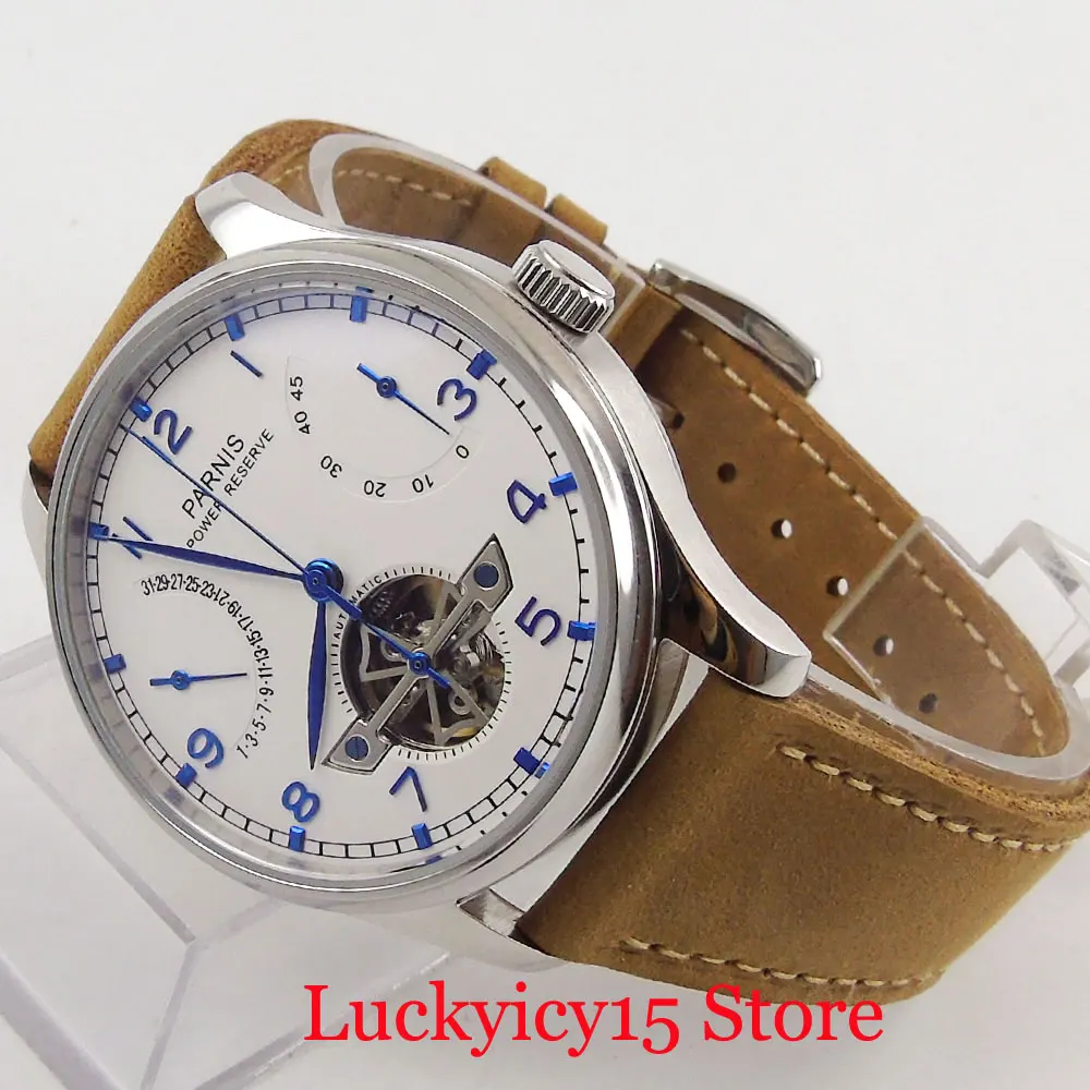 PARNIS Automatic Men's Watch White Dial 43mm Polished Watch Case Power Reserve Date Indicator Watch
PARNIS Automatic Men's Watch White Dial 43mm Polished Watch Case Power Reserve Date Indicator Watch