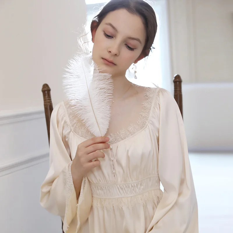 Sexy Lace Trim Long Nightgown Palace Style Ladies Waist Retraction Nightdress Autumn New Silk Satin Sleepwear Silky Home Dress
Sexy Lace Trim Long Nightgown Palace Style Ladies Waist Retraction Nightdress Autumn New Silk Satin Sleepwear Silky Home Dress