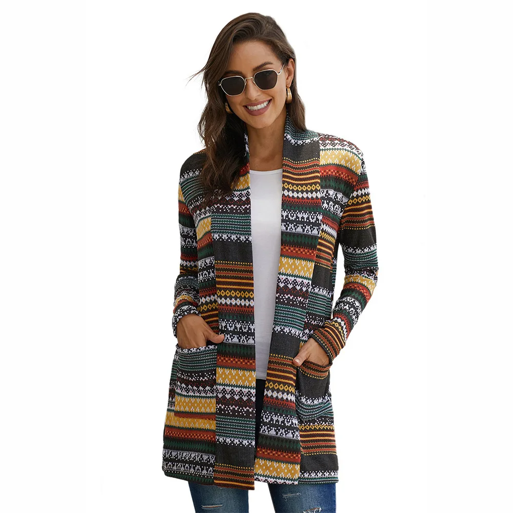 Printed Jacket Women's Long-sleeved Wild Loose Women's Mid-length V-neck Knitted Cardigan
Printed Jacket Women's Long-sleeved Wild Loose Women's Mid-length V-neck Knitted Cardigan