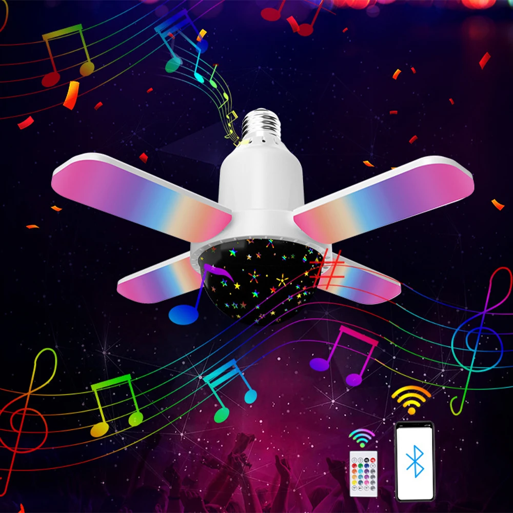 E27 4-Leaves Bluetooth Music Light Foldable LED Music Fan Projector Lamp with Remote Colorful Light Bulb Smart Speaker Fan Lamp
E27 4-Leaves Bluetooth Music Light Foldable LED Music Fan Projector Lamp with Remote Colorful Light Bulb Smart Speaker Fan Lamp
