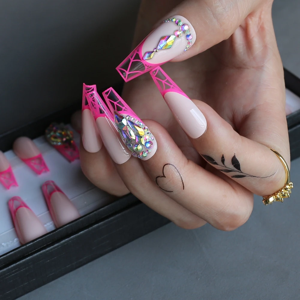 Pink French Spider web extra Gel Luxury crystal fasle nails Ballet Art Press on nails Nude clear artificial coffin fake nails
Pink French Spider web extra Gel Luxury crystal fasle nails Ballet Art Press on nails Nude clear artificial coffin fake nails
