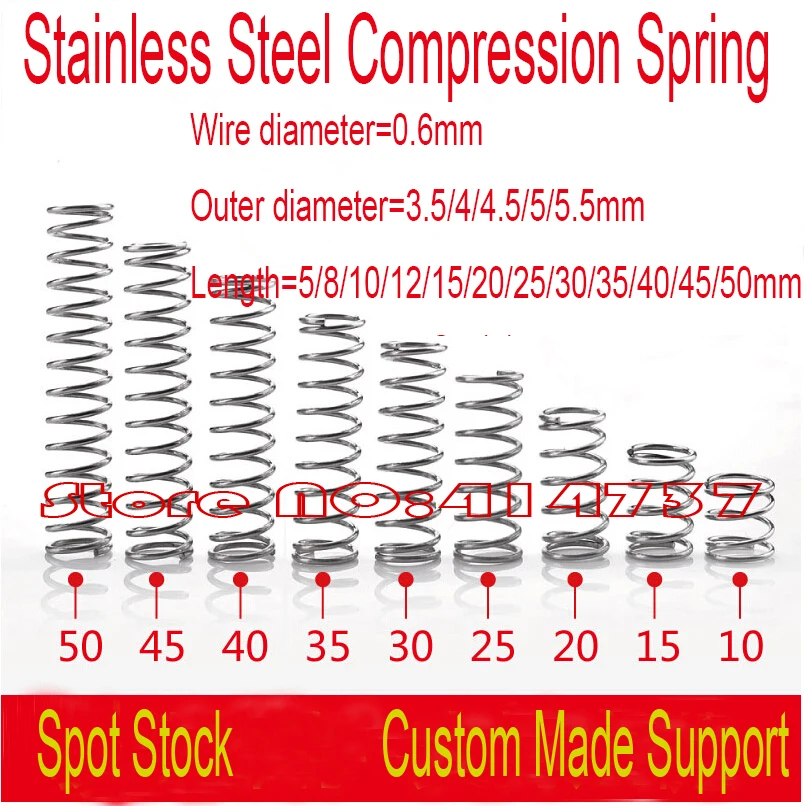 40pcs 0.6mm Wire OD 3.5/4/4.5/5/5.5mm Stainless Steel Small Spot Spring Micro Spring Compression Spring Length 5--50mm
40pcs 0.6mm Wire OD 3.5/4/4.5/5/5.5mm Stainless Steel Small Spot Spring Micro Spring Compression Spring Length 5--50mm