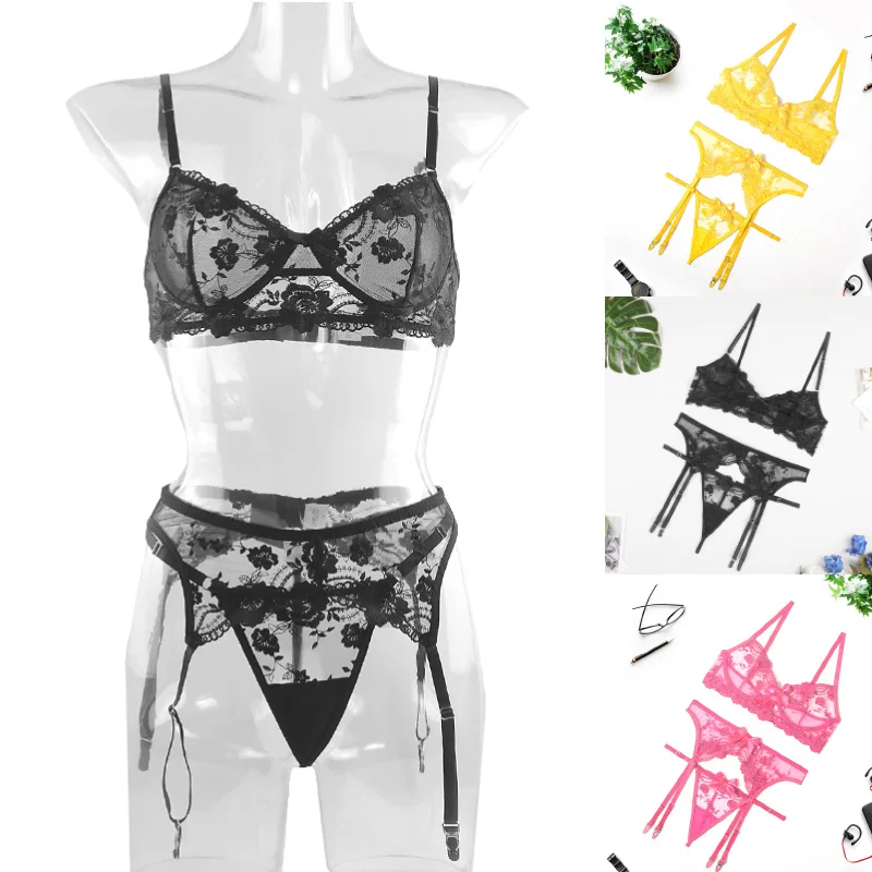 New Embroidered Flower Sheer Mesh Lingerie Set Women's Lace Breathable Gathered Underwire Big Bow Bra and Garter Panties 3PS
New Embroidered Flower Sheer Mesh Lingerie Set Women's Lace Breathable Gathered Underwire Big Bow Bra and Garter Panties 3PS