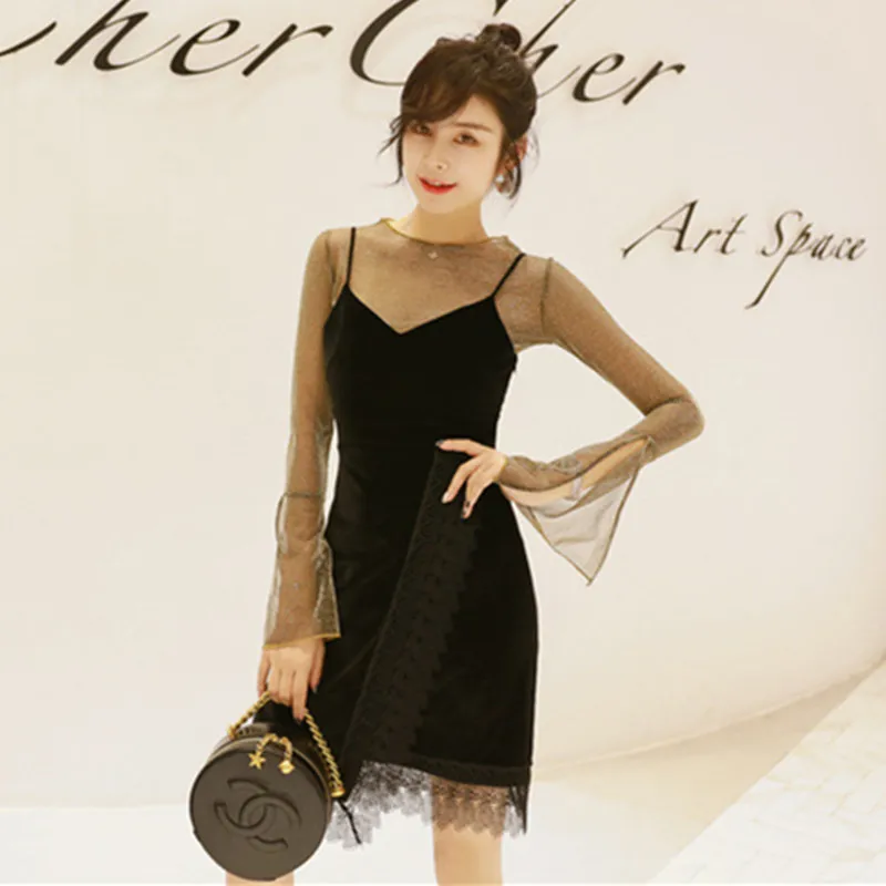 2020 Spring 2 Piece Set Women Suit Long Flare Sleeve Mesh Shirt Top and Velvet Elegant Spaghetti Strap Dress Ladies Vestidos
2020 Spring 2 Piece Set Women Suit Long Flare Sleeve Mesh Shirt Top and Velvet Elegant Spaghetti Strap Dress Ladies Vestidos