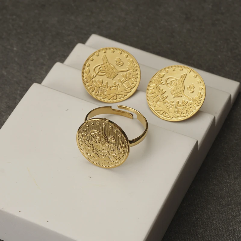 Vintage Push Back Stud Earrings Turkish Totem Round Earring and Ring Sets Gold Plated Muslim Custom Jewelry for Bridal
Vintage Push Back Stud Earrings Turkish Totem Round Earring and Ring Sets Gold Plated Muslim Custom Jewelry for Bridal