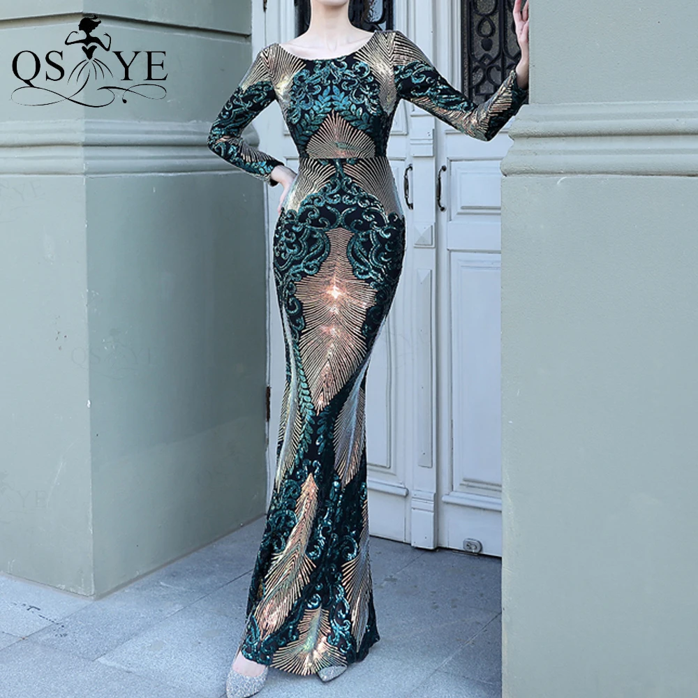 Sequin Green Evening Dresses Long Sleeves Unique Print Lace Prom Gown Scoop Neck Open U Back Glitter Emerald Formal Party Dress
Sequin Green Evening Dresses Long Sleeves Unique Print Lace Prom Gown Scoop Neck Open U Back Glitter Emerald Formal Party Dress