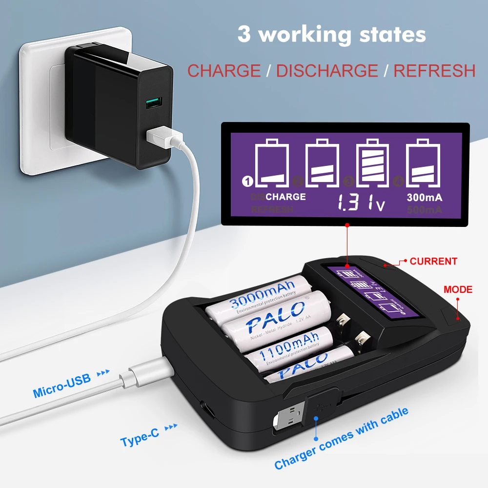 PALO 4 slots AA AAA rechargeable battery charger LCD USB aa aaa charger for 1.2V aa aaa nimh nicd battery discharge
PALO 4 slots AA AAA rechargeable battery charger LCD USB aa aaa charger for 1.2V aa aaa nimh nicd battery discharge