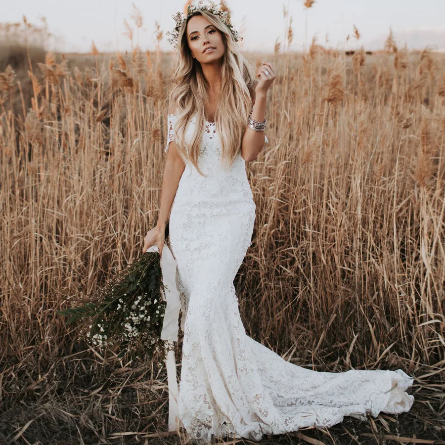 Elegant Boho Lace Wedding Dresses Country Style Off The Shoulder Short Sleeves Sweep Train Bridal Dresses Beach Wedding Gowns
Elegant Boho Lace Wedding Dresses Country Style Off The Shoulder Short Sleeves Sweep Train Bridal Dresses Beach Wedding Gowns