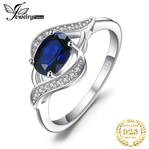 Jewelrypalace-Anel Oval de Pedras Preciosas para Mulheres, 925 Sterling Silver, Criado Safira Azul, Declaração, Noivado de Halo, Jóias