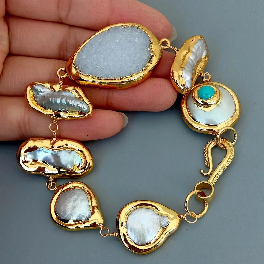 KKGEM 12x26mm Cultured White Coin Biwa Freshwater Pearl 24x34mm Agates Druzy With Electroplated Wrap Bracelet 8.5" for women
KKGEM 12x26mm Cultured White Coin Biwa Freshwater Pearl 24x34mm Agates Druzy With Electroplated Wrap Bracelet 8.5" for women