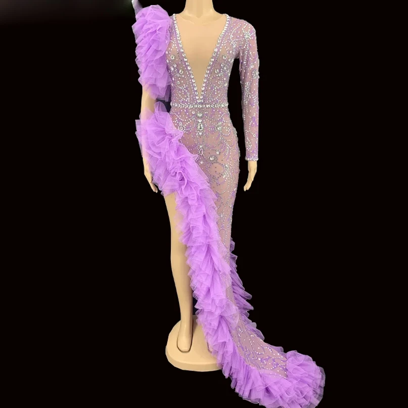 Rhinestone Purple Mesh Transparent Long Dress Birthday Celebrate One Sleeve Outfit Evening Women Dancer Party Dress
Rhinestone Purple Mesh Transparent Long Dress Birthday Celebrate One Sleeve Outfit Evening Women Dancer Party Dress