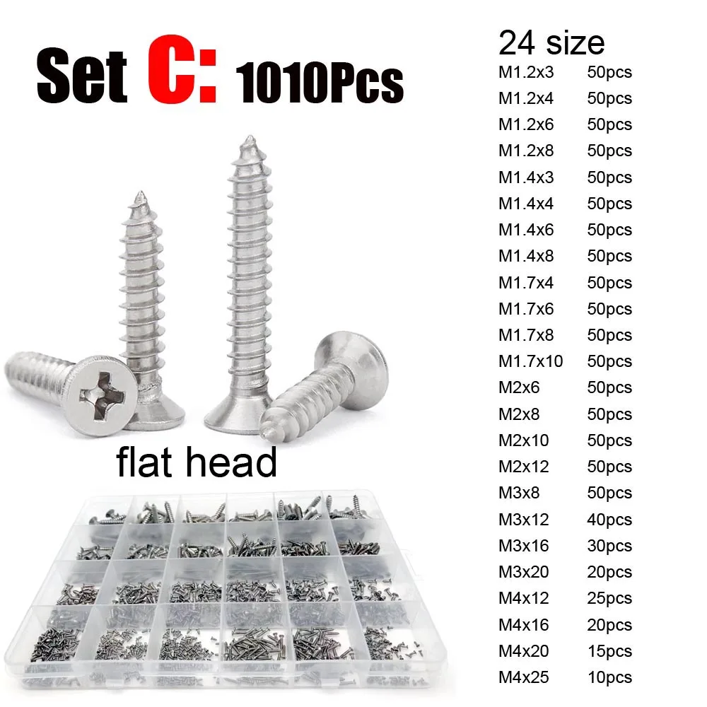 1010x M1.2 M1.4 M1.7 M2 M3 M4 304 Stainless Steel Phillips Pan Round & Flat Countersunk Head Self Tapping Wood Screw Set Kit Box
1010x M1.2 M1.4 M1.7 M2 M3 M4 304 Stainless Steel Phillips Pan Round & Flat Countersunk Head Self Tapping Wood Screw Set Kit Box