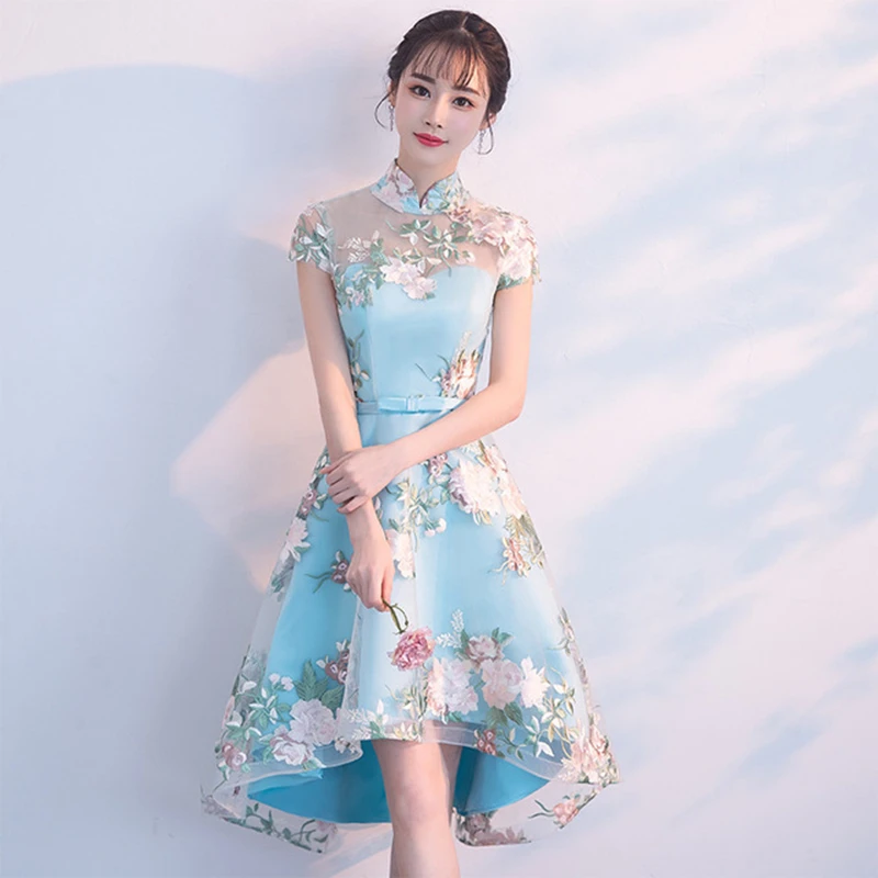 Blue cheongsam dress Chinese style short front long back dress Daily wear banquet girl Traditional Chinese Wedding Qipao Dress
Blue cheongsam dress Chinese style short front long back dress Daily wear banquet girl Traditional Chinese Wedding Qipao Dress