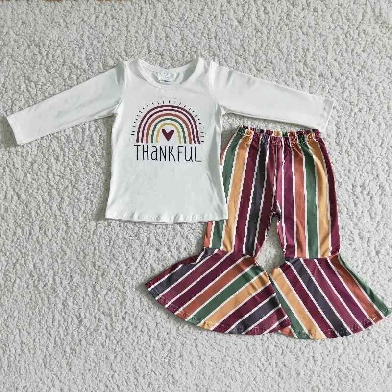 Wholesale Toddler Fashion boutique Kids Outfit Baby Girls Clothes Long Sleeves Letter Thankful Striped Bells Pants Children Sets
Wholesale Toddler Fashion boutique Kids Outfit Baby Girls Clothes Long Sleeves Letter Thankful Striped Bells Pants Children Sets