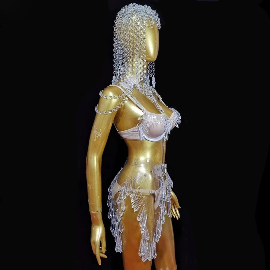 Sexy women nightclub Dance Costume Transparent Crystal Stones Bikini Wig Headgear Outfit Festival Rave Show Stage Wear
Sexy women nightclub Dance Costume Transparent Crystal Stones Bikini Wig Headgear Outfit Festival Rave Show Stage Wear