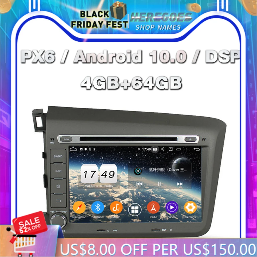 Автомобильный DVD-плеер 1280*720 PX6 DSP Android 10,0 4 Гб + 64 Гб IPS TDA7851 GPS RDS радио wifi Bluetooth 5,0 для Honda Civic 2012 2013
Автомобильный DVD-плеер 1280*720 PX6 DSP Android 10,0 4 Гб + 64 Гб IPS TDA7851 GPS RDS радио wifi Bluetooth 5,0 для Honda Civic 2012 2013